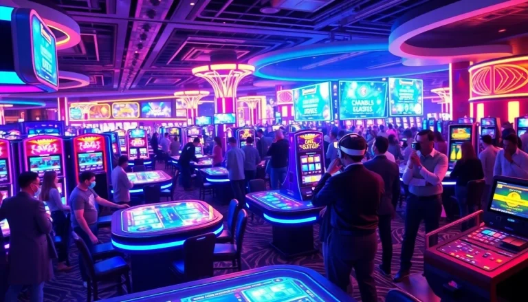 Experience New Technology in a futuristic casino with VR gaming and holographic displays.