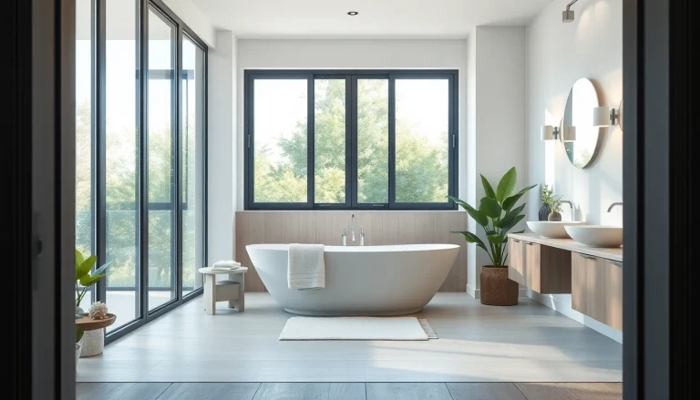 Experience luxurious bathroom remodeling with a serene modern bathtub and natural light.