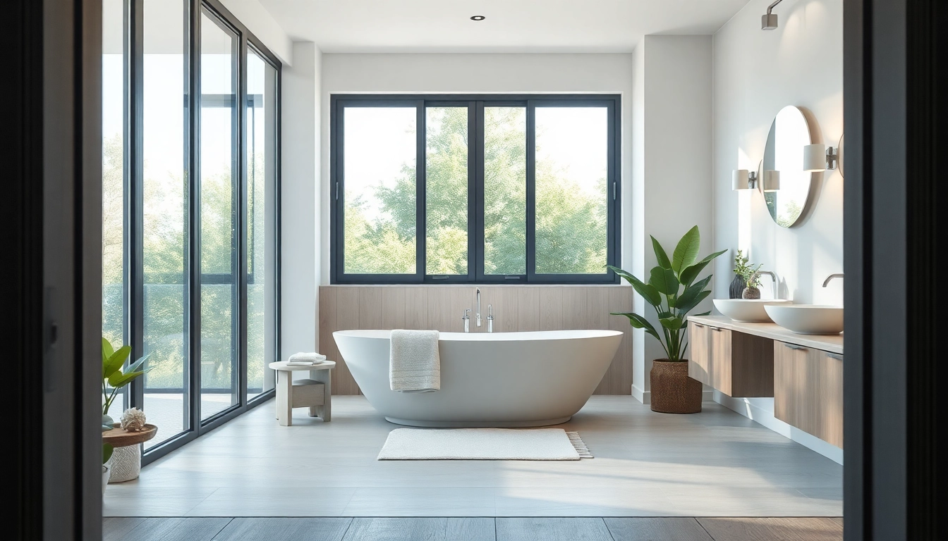 Experience luxurious bathroom remodeling with a serene modern bathtub and natural light.