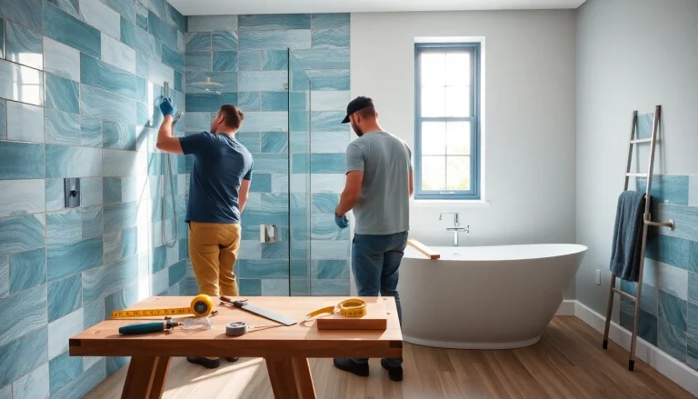 Skilled bathroom fitters installing elegant tiles in a contemporary remodel.