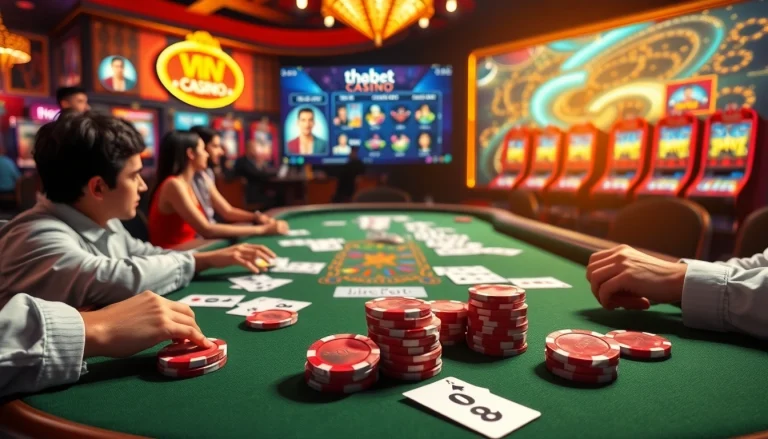 Thabet online gambling scene featuring dynamic poker gameplay and vibrant chips.
