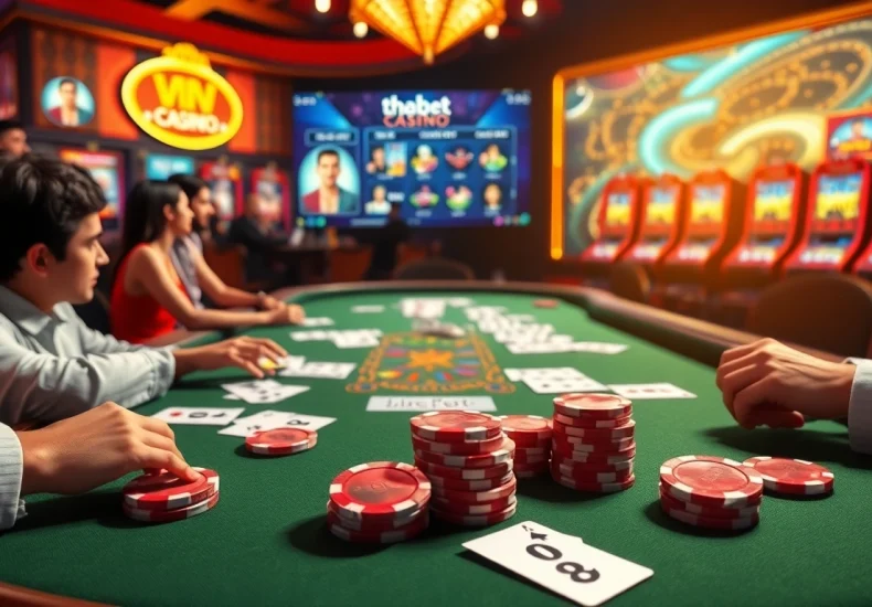 Thabet online gambling scene featuring dynamic poker gameplay and vibrant chips.
