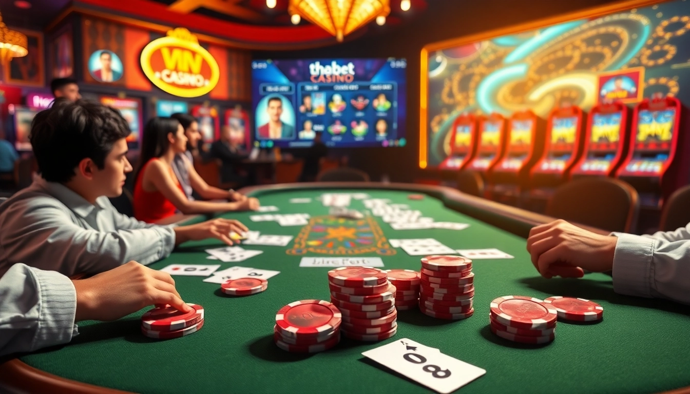 Thabet online gambling scene featuring dynamic poker gameplay and vibrant chips.
