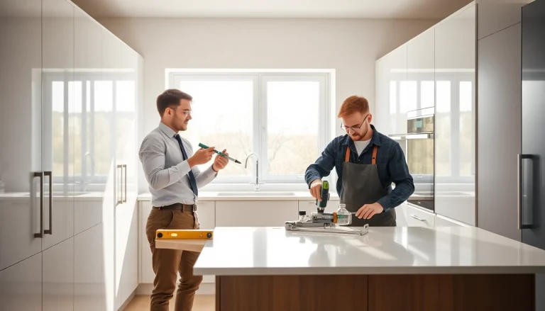 Expert kitchen fitters installing modern cabinetry with precision and care.