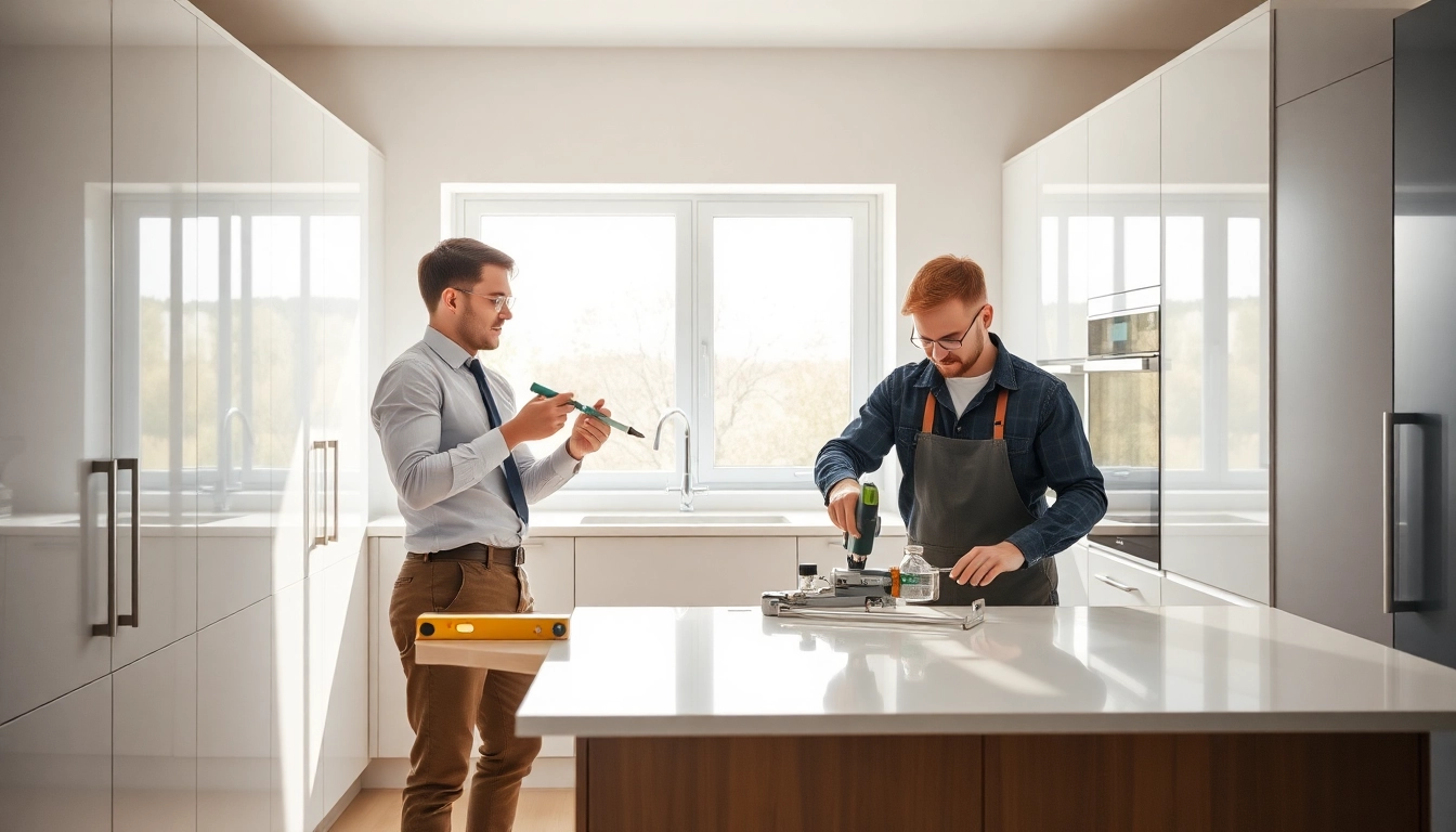 Expert kitchen fitters installing modern cabinetry with precision and care.