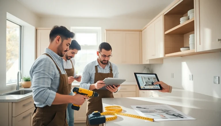 Skilled kitchen fitters installing cabinets in a modern kitchen renovation.