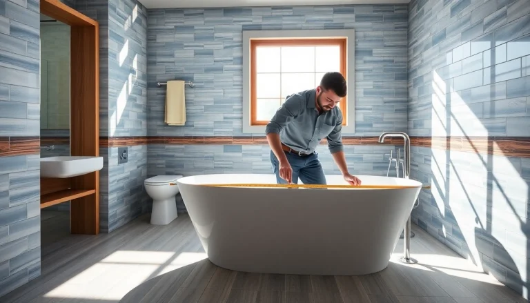 Bathroom remodeling contractor measuring a stunning soaking tub in a sunlit, modern bathroom.