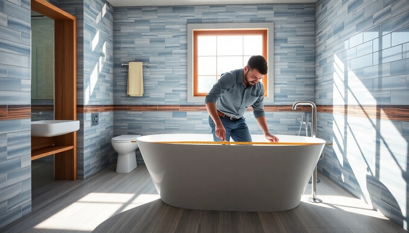 Bathroom remodeling contractor measuring a stunning soaking tub in a sunlit, modern bathroom.