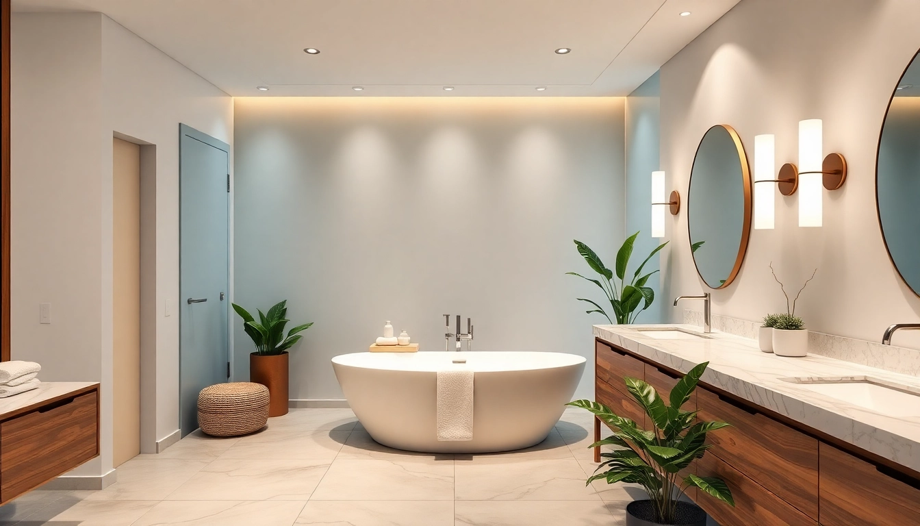 Transforming your space with stunning bathroom remodeling designs featuring a freestanding bathtub and elegant decor.