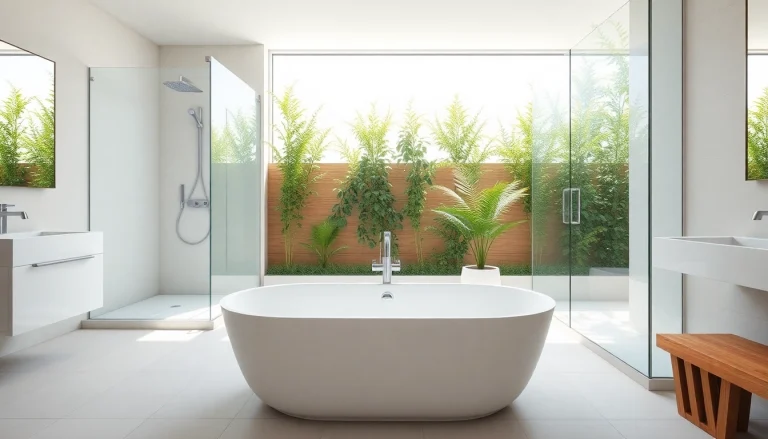 A beautifully remodeled bathroom showcasing the expertise of a bathroom remodeling contractor with modern fixtures and plants.