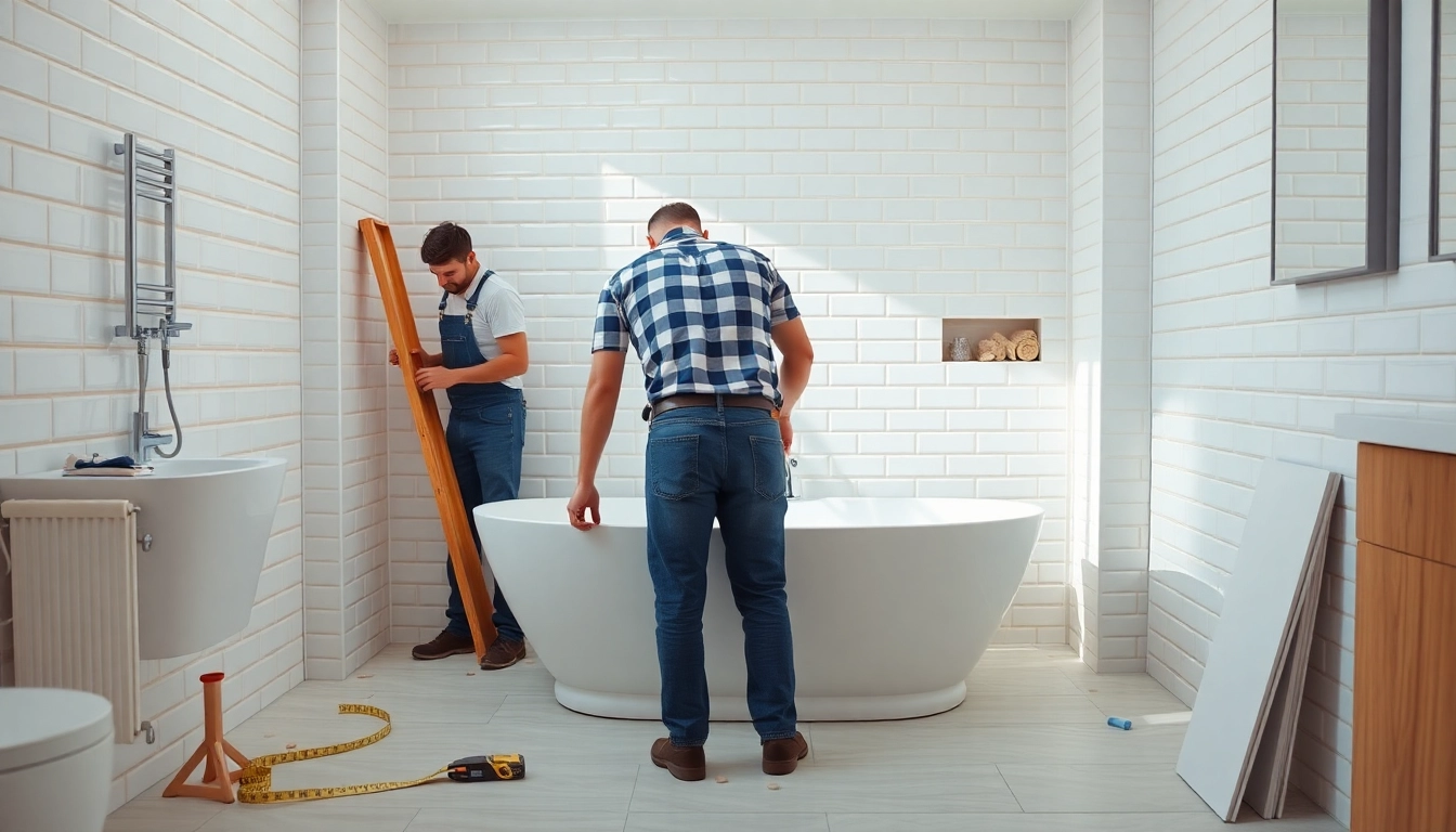 Expert bathroom fitters installing a stylish new tub in a modern space.