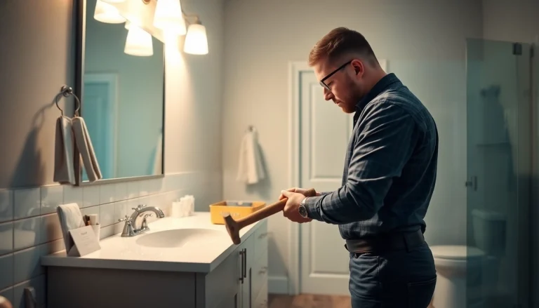 Skilled bathroom remodeling contractor transforming a modern space with expert tools.