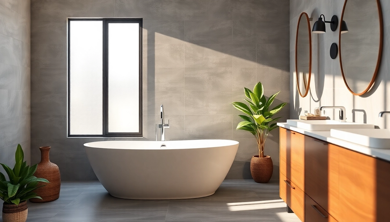 Bathroom remodeling featuring a modern freestanding tub and natural light in a stylish space.