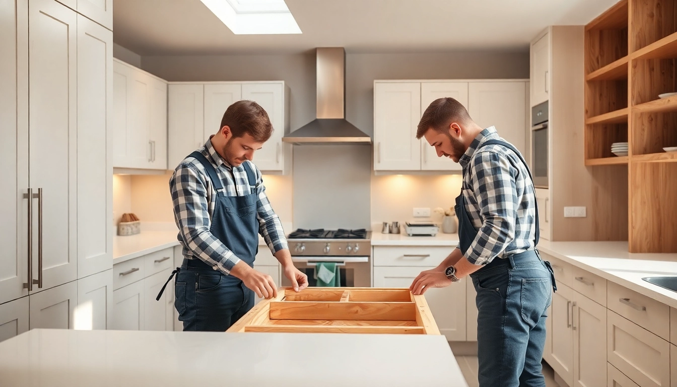 Kitchen fitters expertly aligning cabinets during a modern installation.