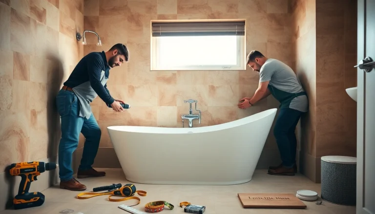 Professionals installing a designer bathtub, showcasing skills of bathroom fitters.