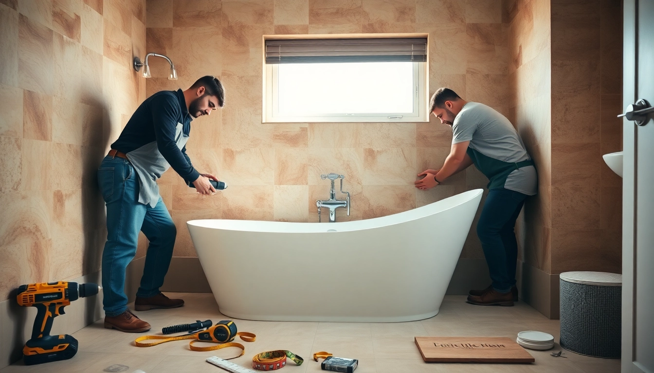 Professionals installing a designer bathtub, showcasing skills of bathroom fitters.
