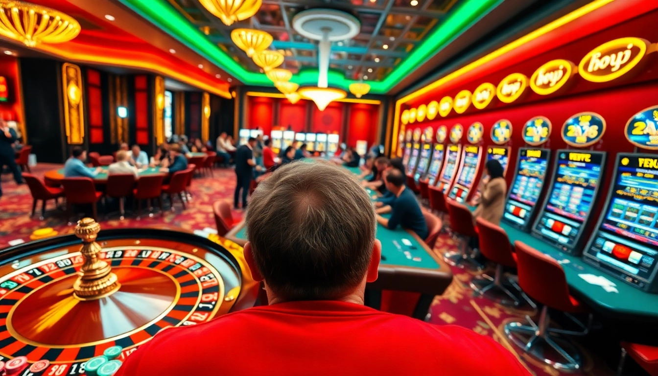 Experience the thrill at https://nhacaiuytin.place/, showcasing a vibrant casino atmosphere with roulette and slot machines.
