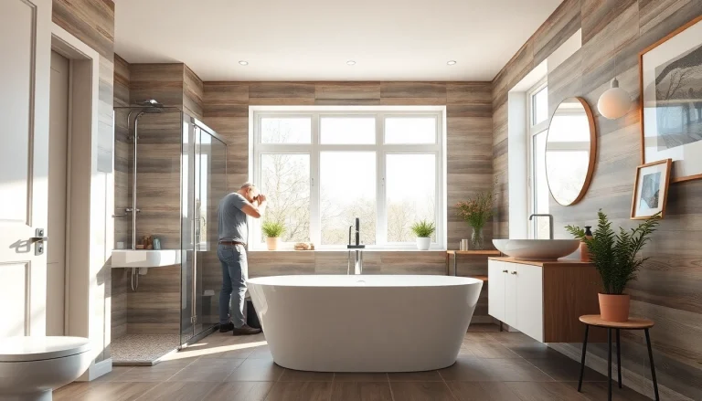 Skilled bathroom fitters installing modern fixtures in a bright, elegant bathroom.