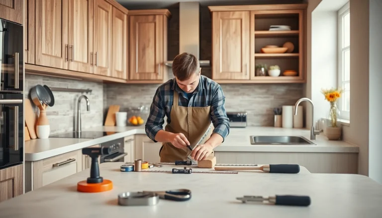 Kitchen fitters installing custom cabinetry accurately in a modern kitchen.