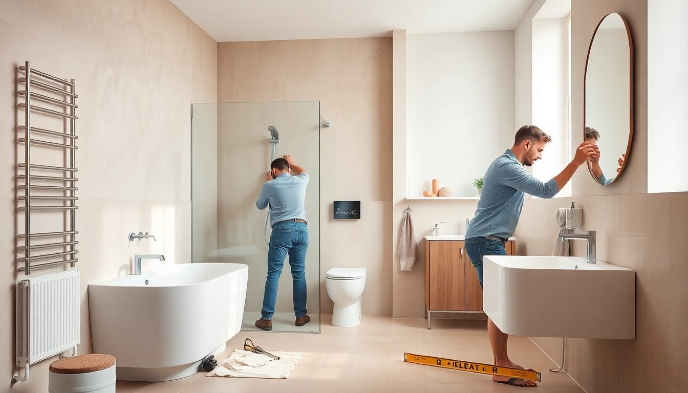 Professional bathroom fitters installing modern fixtures in a bright bathroom.