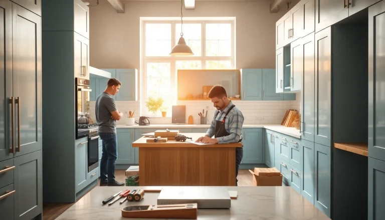 Kitchen fitters expertly installing cabinetry and modern appliances in a vibrant kitchen workshop.