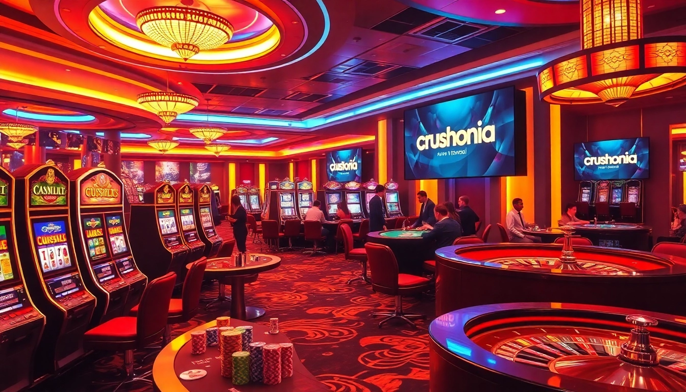 Players experiencing the thrill of crushonia slot machines in an exquisite casino setting.