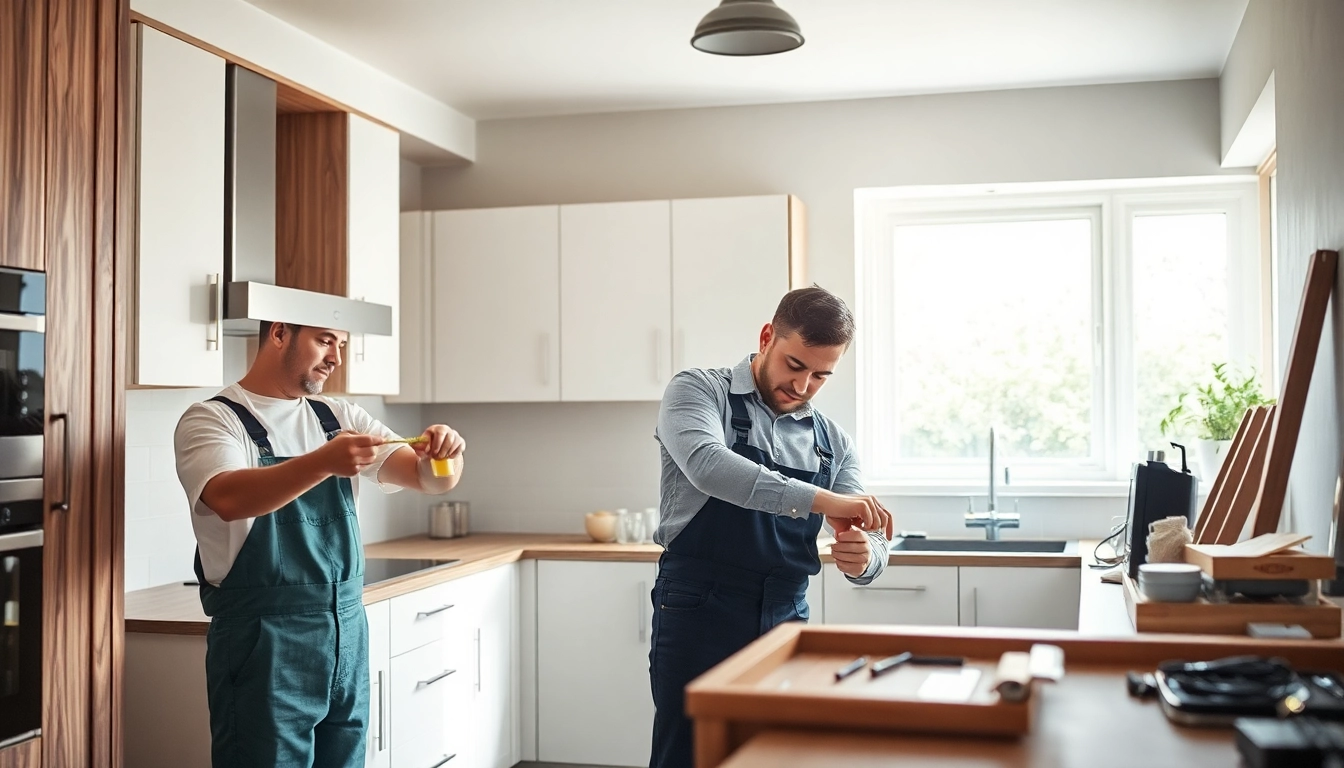 Kitchen fitters expertly installing modern cabinets and countertops in a beautifully renovated kitchen space.