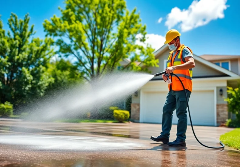 Pressure washing a driveway, showcasing professional equipment and safety gear for optimal cleaning results.