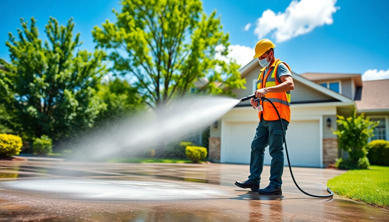 Pressure washing a driveway, showcasing professional equipment and safety gear for optimal cleaning results.
