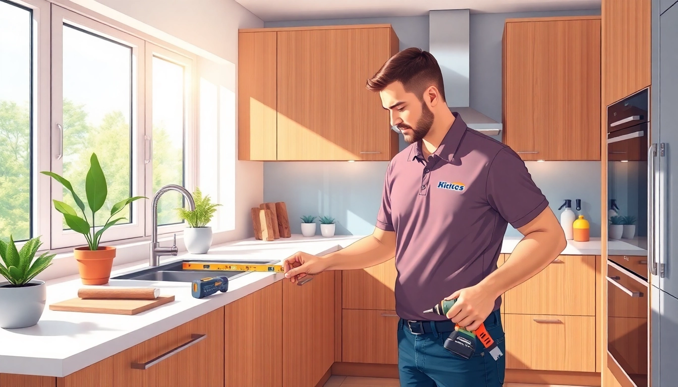 Kitchen fitters expertly installing cabinetry in a bright, modern kitchen setting.