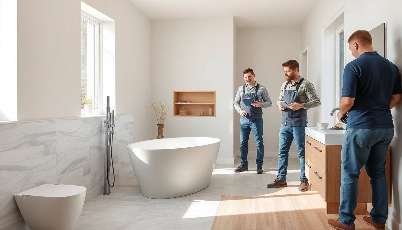 Experienced bathroom fitters expertly renovating a stylish modern bathroom, showcasing quality craftsmanship.