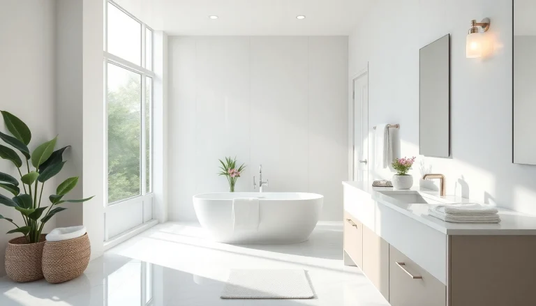 High-end bathroom remodeling with a freestanding tub, marble countertops, and natural light.