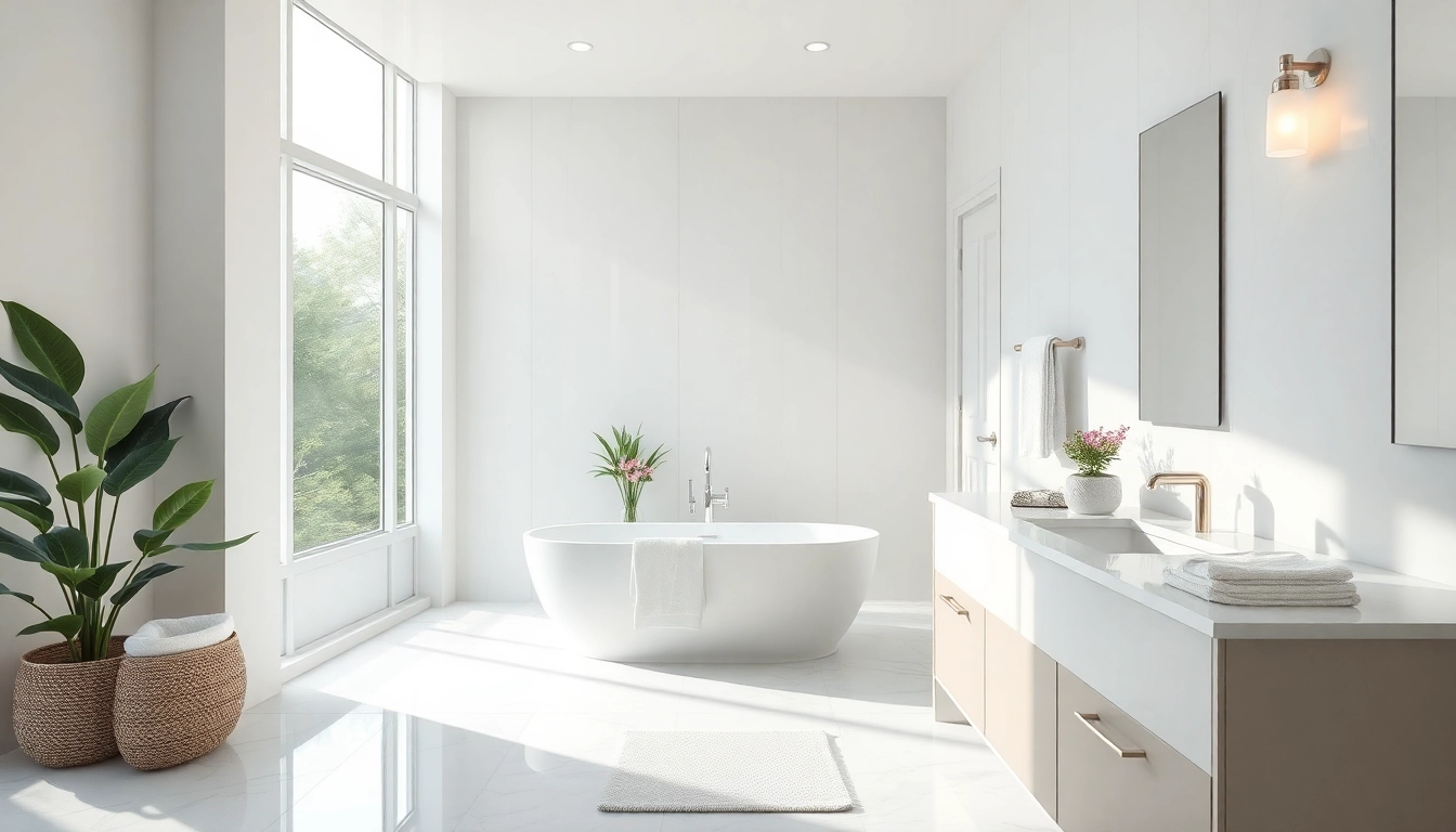 High-end bathroom remodeling with a freestanding tub, marble countertops, and natural light.