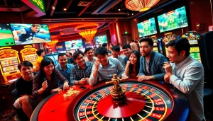 SBOBET online gaming excitement with players at poker tables surrounded by vibrant casino ambiance