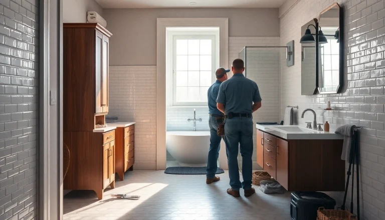 Professional bathroom fitters expertly installing elegant cabinetry and tiles in a serene bathroom space.