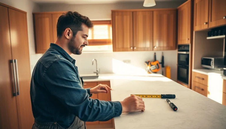Skilled kitchen fitters expertly installing a modern quartz countertop in a sunlit kitchen.