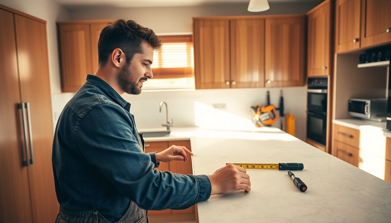 Skilled kitchen fitters expertly installing a modern quartz countertop in a sunlit kitchen.