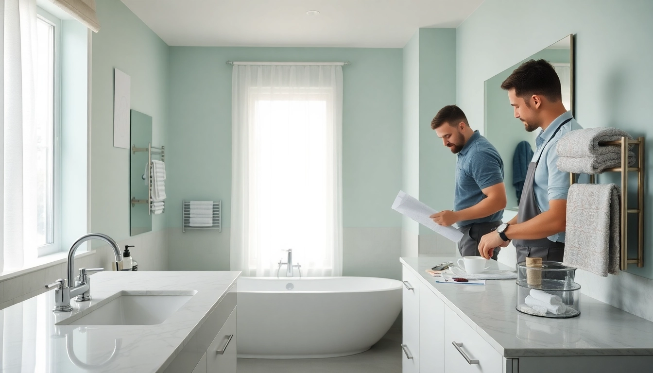Professional bathroom fitters enhancing a serene bathroom space with modern fixtures and soothing colors.