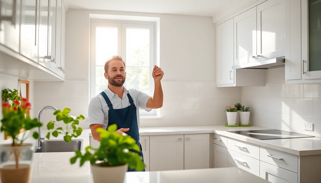 Kitchen fitters expertly installing modern cabinets in a stylish kitchen setting.