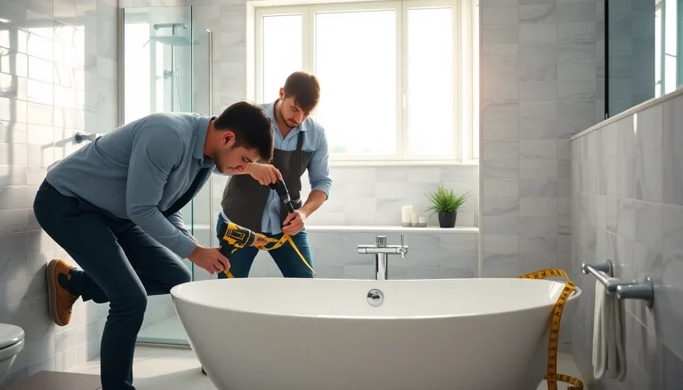 Skilled bathroom fitters renovating a stylish modern bathroom with luxury features and tools.