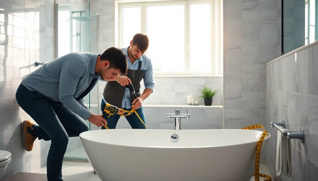 Skilled bathroom fitters renovating a stylish modern bathroom with luxury features and tools.