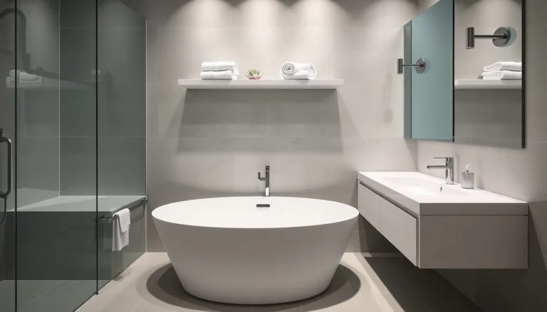Elegant bathroom designed by a bathroom remodeling contractor, featuring dual sinks and a freestanding tub.