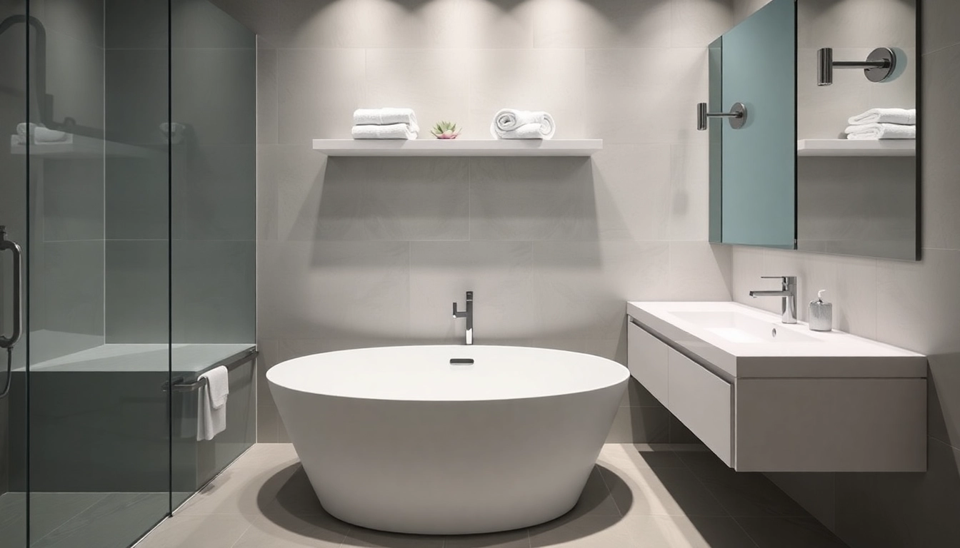 Elegant bathroom designed by a bathroom remodeling contractor, featuring dual sinks and a freestanding tub.