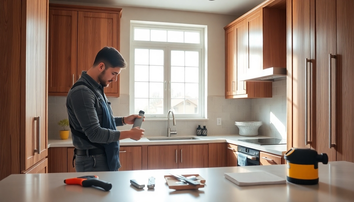 Kitchen fitters expertly installing stylish cabinets in a modern kitchen.
