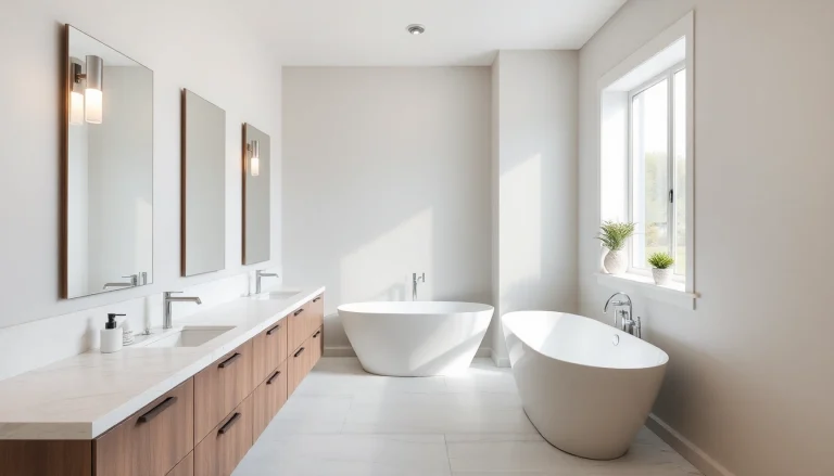 Experience the elegance of bathroom remodeling with a luxurious freestanding tub and modern fixtures.