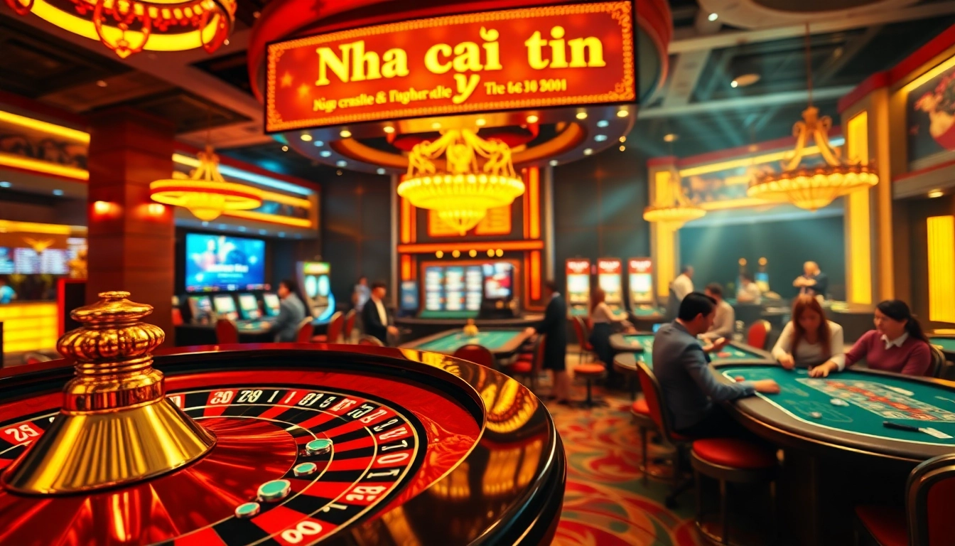 An engaging scene of players at a casino table, showcasing Nha cai uy tin amidst vibrant roulette action, thrilling chips, and banners.
