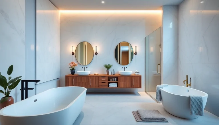 Stunning bathroom remodeled by a professional bathroom remodeling contractor featuring a freestanding tub and modern decor.