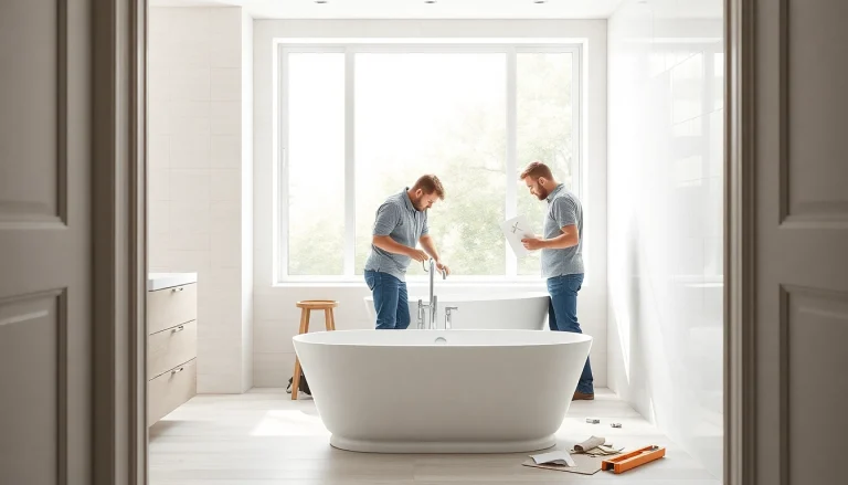 Skilled bathroom fitters transforming a modern bathroom space with precision and care.
