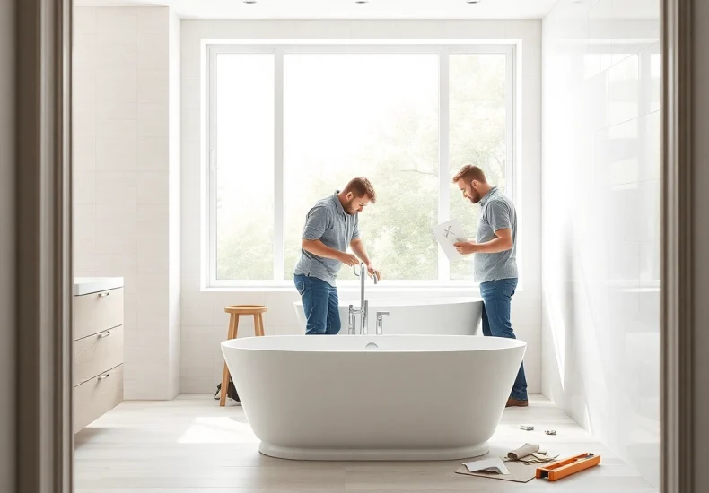 Skilled bathroom fitters transforming a modern bathroom space with precision and care.