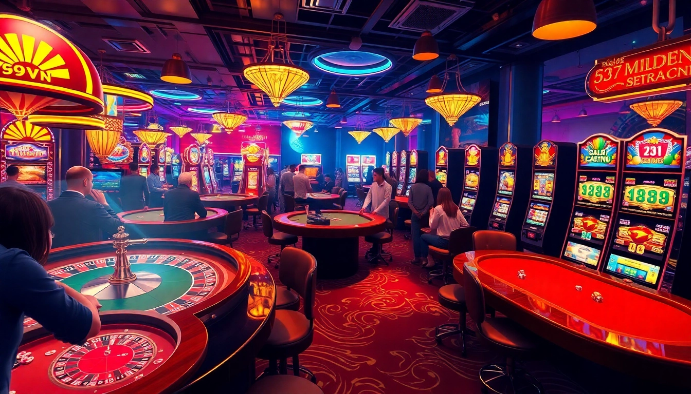 Players enjoying the excitement of 69VN's online casino games with vibrant roulette wheels and slot machines.
